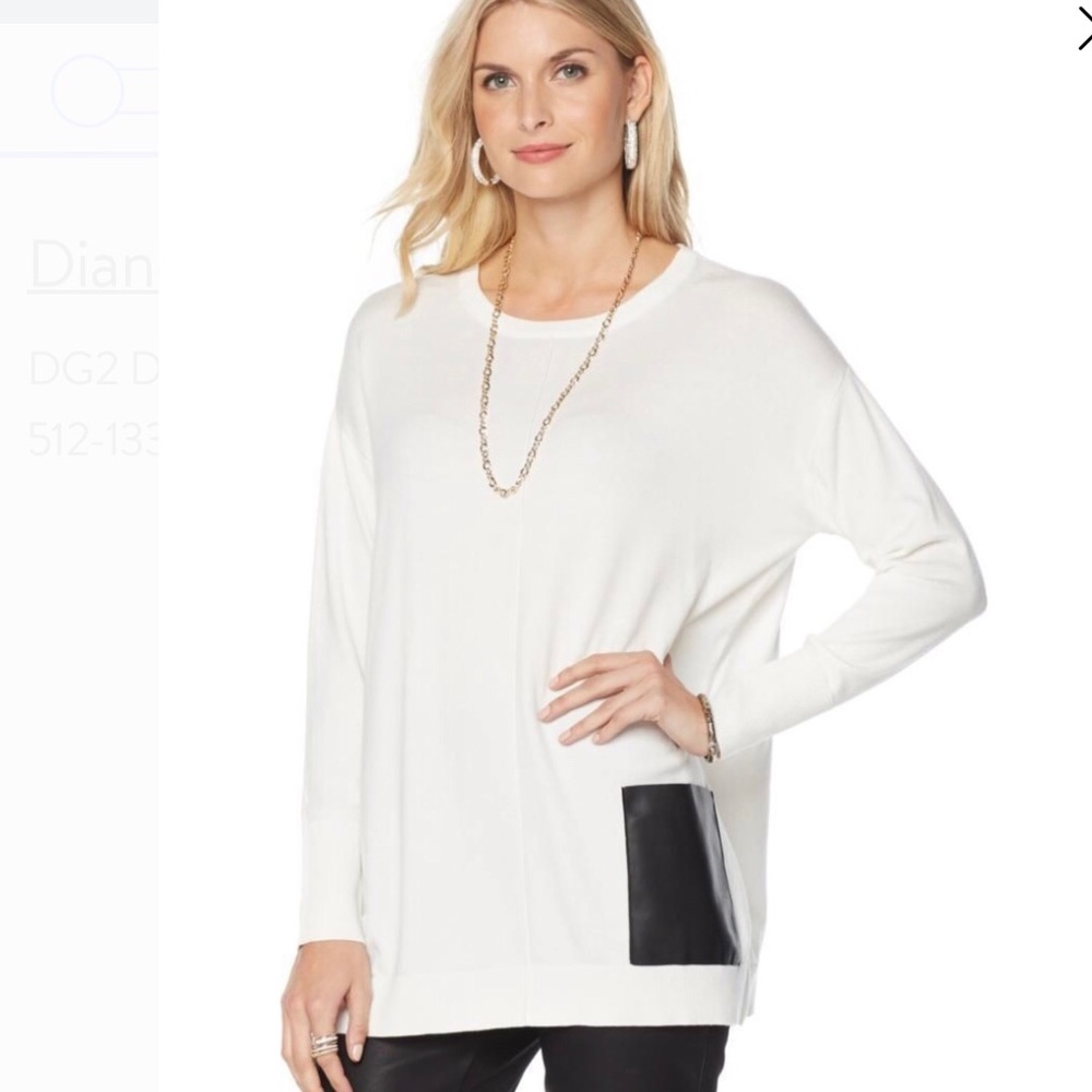 Diane Gilman Ivory Sweater Black Faux Leather Trim